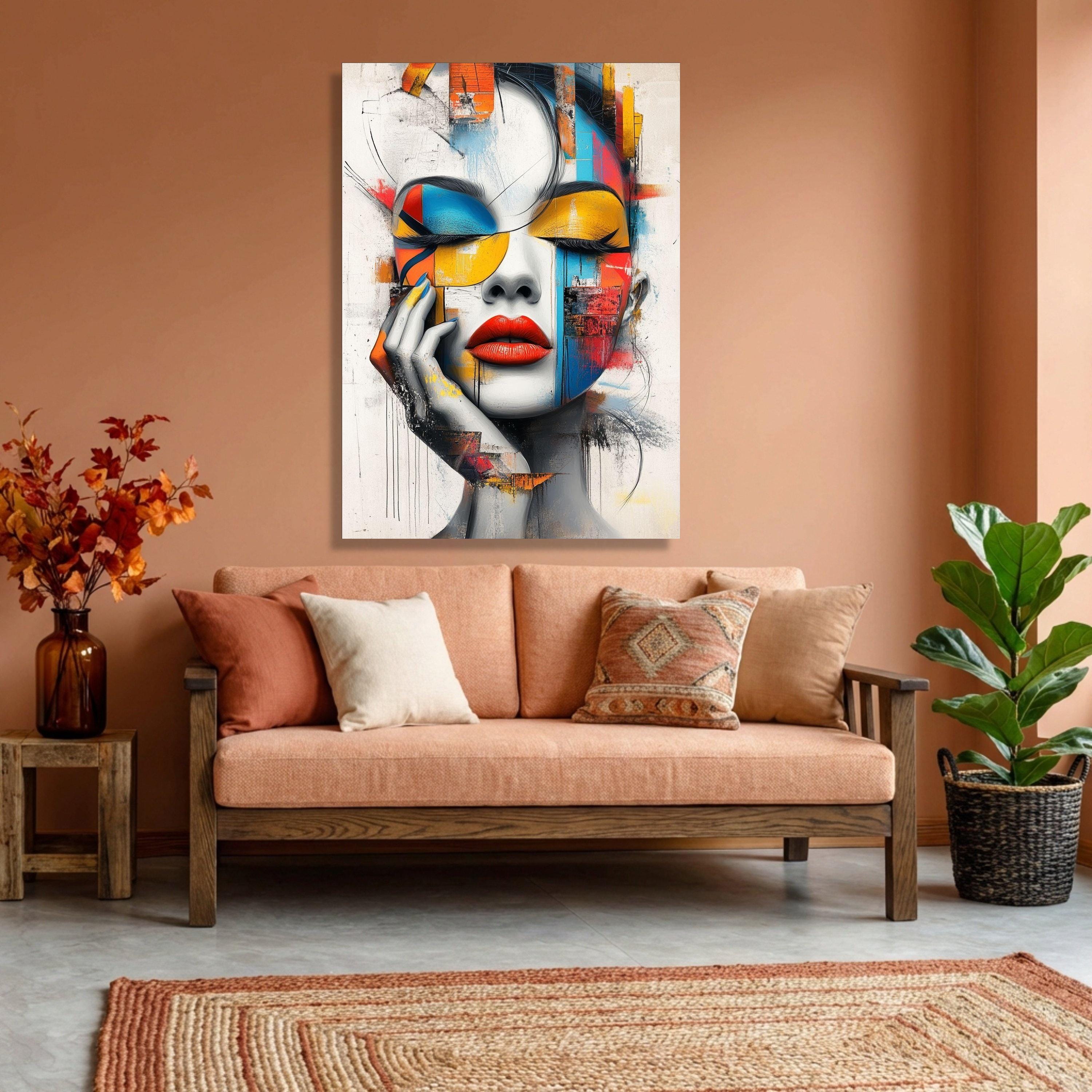 Abstract Woman Face Canvas, Modern Pop Art Portrait, Colorful Geometric ...