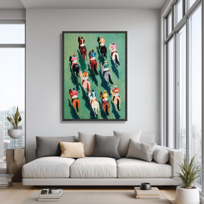 Vibrant Horse Racing Canvas, Colorful Jockeys Artwork, Equestrian Sport Wall Art image 3