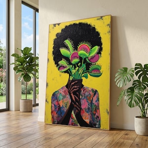 Livfull Venus Flugfälla Porträtt Canvas, Abstrakt Afro Kvinna Blomsterkonst