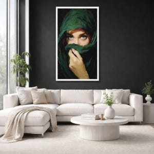 Canvaskunst mysterieuze vrouw groene ogen, gesluierde portretschildering, dramatische muurdecoratie afbeelding 5