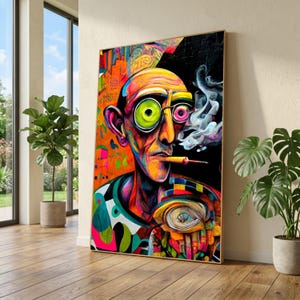 May include: A vibrant, framed art print featuring a colorful, abstract portrait of a man with large, round, green and pink glasses, smoking a cigar. The artwork uses bold colors and a surreal style, with a black background and orange accents.