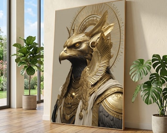 Majestätisk Horus falkhuvud canvas, väggkonst med gyllene egyptisk rustning