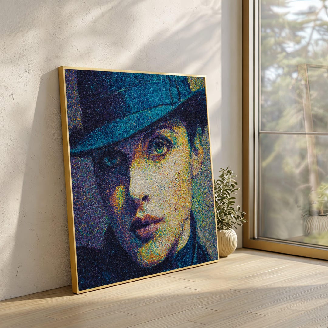 Vibrant Pointillism Portrait Canvas, Man Hat Wall Art, Modern Face ...