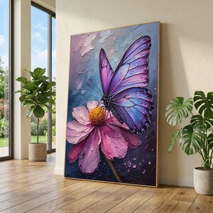 May include: A vertical rectangular wall art piece featuring a textured oil painting of a large purple and blue butterfly resting on a pink flower. The artwork displays thick impasto brushstrokes, visible paint layers, and droplets on the petals.