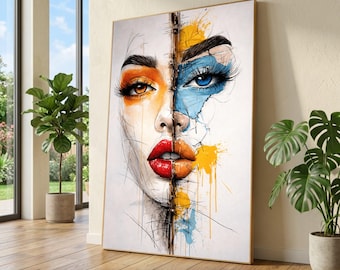 Abstract Dual Tone Female Portrait Canvas, Color Splash Wall Art, Modern Expression Artwork