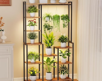 Tiered Metal Plant Stand with Grow Lights, 70.87" Tall Display Shelf with Hooks