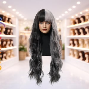 Op de afbeelding: Een lange, golvende pruik met een gesplitst ontwerp: zwart aan de linkerkant en zilvergrijs aan de rechterkant. De pruik heeft een stompe zwarte pony en is gestyled om onder de schouders te vallen. De achtergrond toont een winkel met pruikenrekken.