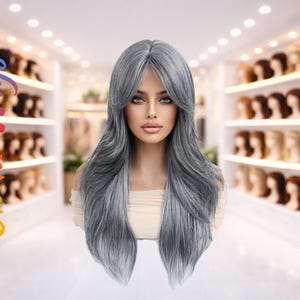Puede incluir: Peluca gris plateada con cabello largo en capas y una línea de cabello de aspecto natural. La peluca está peinada con capas que enmarcan la cara y ondas suaves. La imagen incluye el texto "Chila Wigs" en degradado arcoíris.