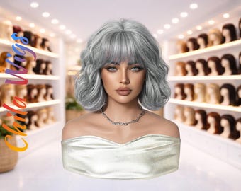 Short Grey Wavy Bob Wig With Bangs Soft Layered Natural Look Wig