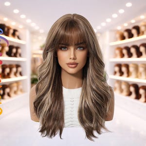 May include: A long, wavy wig with a dark brown base and blonde highlights, styled with a fringe. The wig is displayed on a mannequin head. The background shows a store with shelves of wigs, and the text "Chila Wigs" is visible.