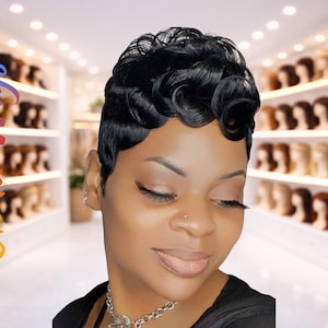 Short Black Pixie Wig, Vintage Finger Waves, Heat Resistant Synthetic Hair