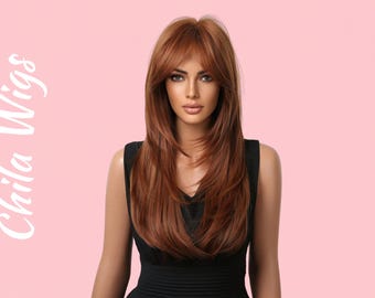 Long Auburn Layered Wig, Heat Resistant Synthetic, Natural Copper Brown Butterfly Cut