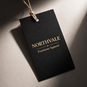 Può includere: Un'etichetta rettangolare nera per abbigliamento con un cordino in fibra naturale fissato attraverso un foro nella parte superiore. L'etichetta presenta il testo color oro NORTHVALE e Premium Apparel stampato al centro, separato da una piccola icona a stella a quattro punte.