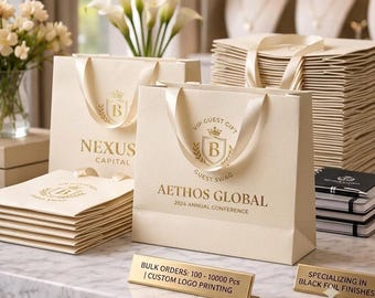 Bulk Corporate Event Gift Bags | Custom Logo Printed Swag Bags | Black Foil Paper Bags for VIP Guests | 100 to 10000 Pcs