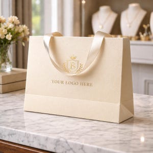 Può includere: Borsa regalo color crema con manico in nastro di raso. La borsa presenta un emblema dorato e il testo "YOUR LOGO HERE" stampato in oro. La borsa è su una superficie di marmo.