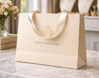 Custom Colombo cream Paper Gift Bag, Embossed Foil Logo, Satin Handle
