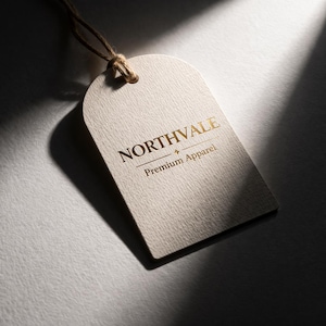 Könnte beinhalten: Ein cremefarbenes Anhängeetikett mit den goldfarbenen Worten "NORTHVALE Premium Apparel". Das Etikett ist an einem braunen Faden befestigt. Der Hintergrund ist eine strukturierte, cremefarbene Oberfläche mit Schatten.
