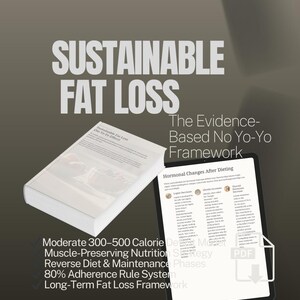 May include: An image promoting sustainable fat loss. The title "SUSTAINABLE FAT LOSS" is prominently displayed. A book and a tablet are present, with text detailing the "Evidence-Based No Yo-Yo Framework" and strategies like "Moderate 300-500 Calorie" and "80% Adherence Rule System."