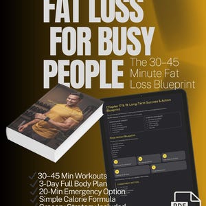Peut inclure: Image d'un livre et d'une tablette affichant le titre "FAT LOSS FOR BUSY PEOPLE". La tablette présente un plan de perte de poids, avec des plans d'entraînement et une formule calorique. La couverture du livre montre un homme.