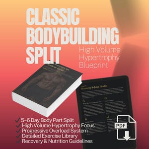 Puede incluir: Imagen de un libro y una tableta con el título "CLASSIC BODYBUILDING SPLIT". El libro muestra un cuerpo musculoso. La tableta muestra un documento PDF sobre recuperación y salud de las articulaciones. El fondo es un degradado.