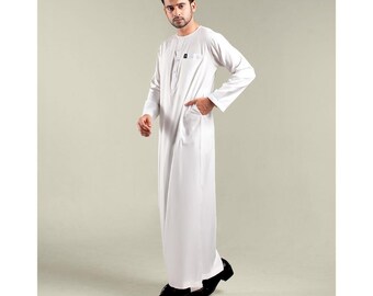 Men's Saudi Thobe, Long Sleeve Polyester Robe, White Islamic Prayer Outfit