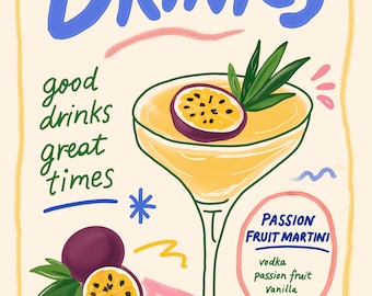 Passion Fruit Martini Cocktail Print, Hand-Drawn Bar Art (Digital Download)