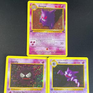 Gastly, Haunter, Gengar Evolution Trio Custom 1999 Base & Fossil Set – Shiny Holo Proxy Replica TCG Cards (Case Included)