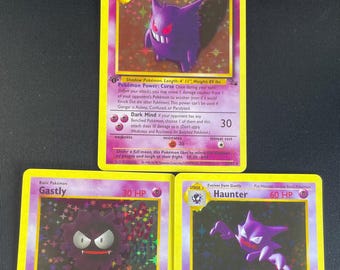 Gastly, Haunter, Gengar Evolution Trio Custom 1999 Base & Fossil Set – Shiny Holo Proxy Replica TCG Cards (Case Included)