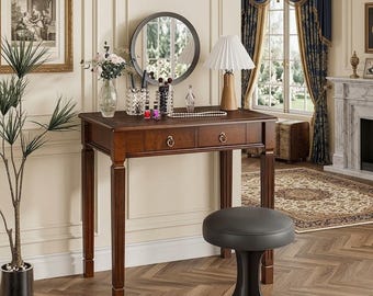 Farmhouse Oak Laptop Desk - 47" Large Home Office Desk with 2 Drawers, Elegant Curved Legs, Study Table & Vanity Station for Bedroom