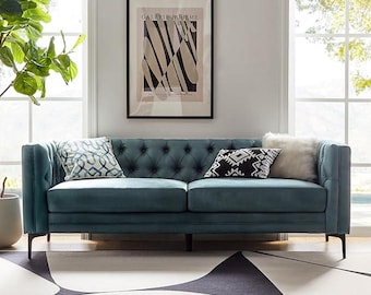 Sofá de polipiel de estilo moderno de mediados de siglo, 84", sofá de 3 plazas con capitoné y patas metálicas, tapizado en gris, ideal para apartamentos.