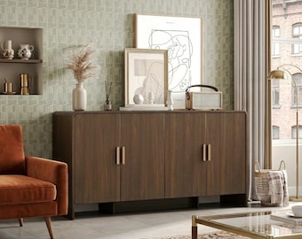 Mobile bar curvo in stile rustico con 4 ante, credenza/buffet da 60 pollici con ripiani regolabili e vani portaoggetti.