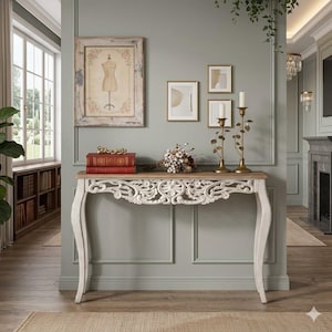 Franse landelijke consoletafel - antieke witte haltafel met gesneden details, 43-inch lange banktafel, vintage haltafel met gebogen poten