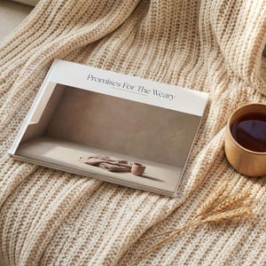 May include: A cozy scene featuring a beige knitted blanket, a book titled "Promises For The Weary", and a wooden mug filled with tea. A sprig of wheat adds a natural touch to the composition. The items are arranged on a light-colored surface.