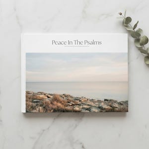 以下が含まれることがあります： 「Peace In The Psalms」というタイトルの本で、表紙には海岸の風景写真が使われています。表紙には、岩と枯れ草を前景にした穏やかな海の景色が描かれています。本の隣には、緑の小枝と滑らかな白い石があります。