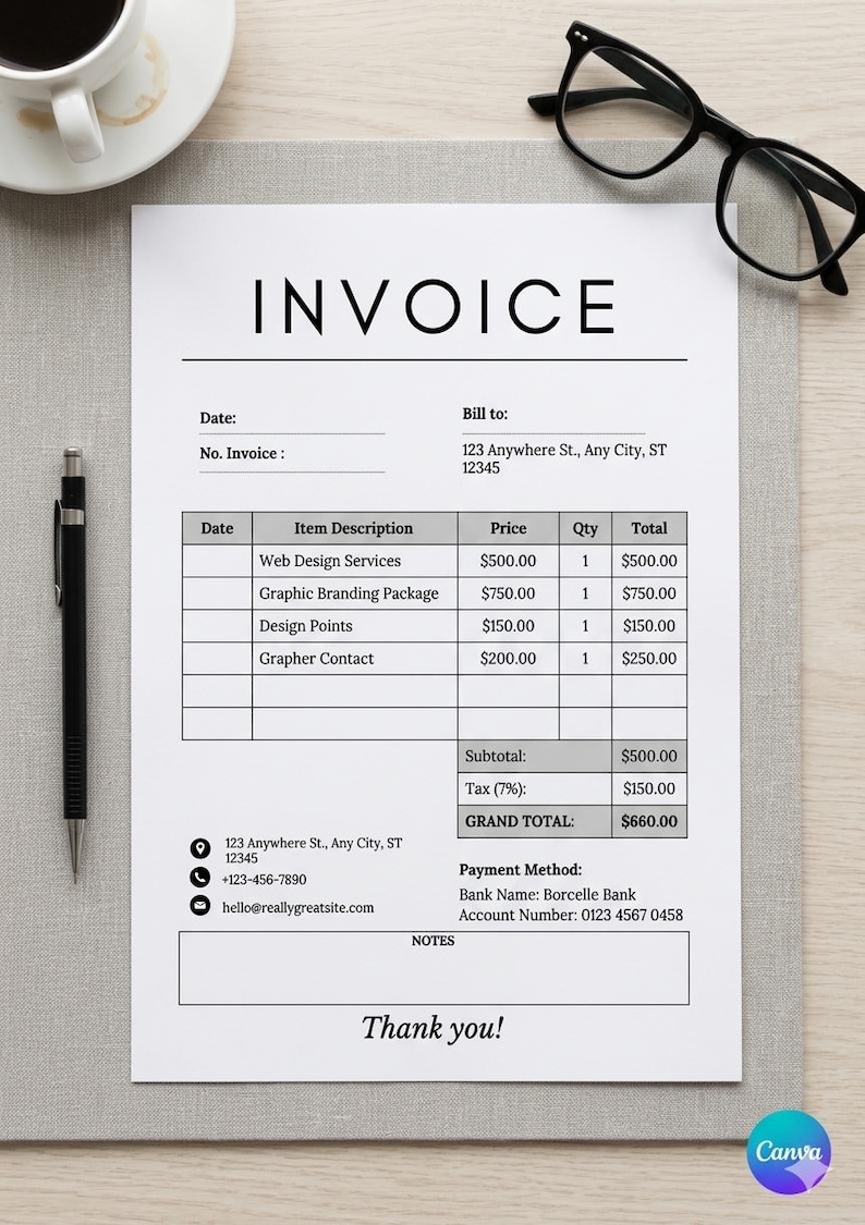 Editable Invoice Template, Small Business Billing, Minimalist ...