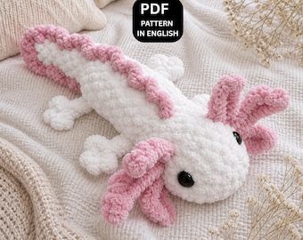 Velvet Axolotl Crochet Pattern PDF, No Sew Amigurumi Axolotl, Easy Beginner Plush, Cute Kawaii Toy, Green White Pink, Instant Download