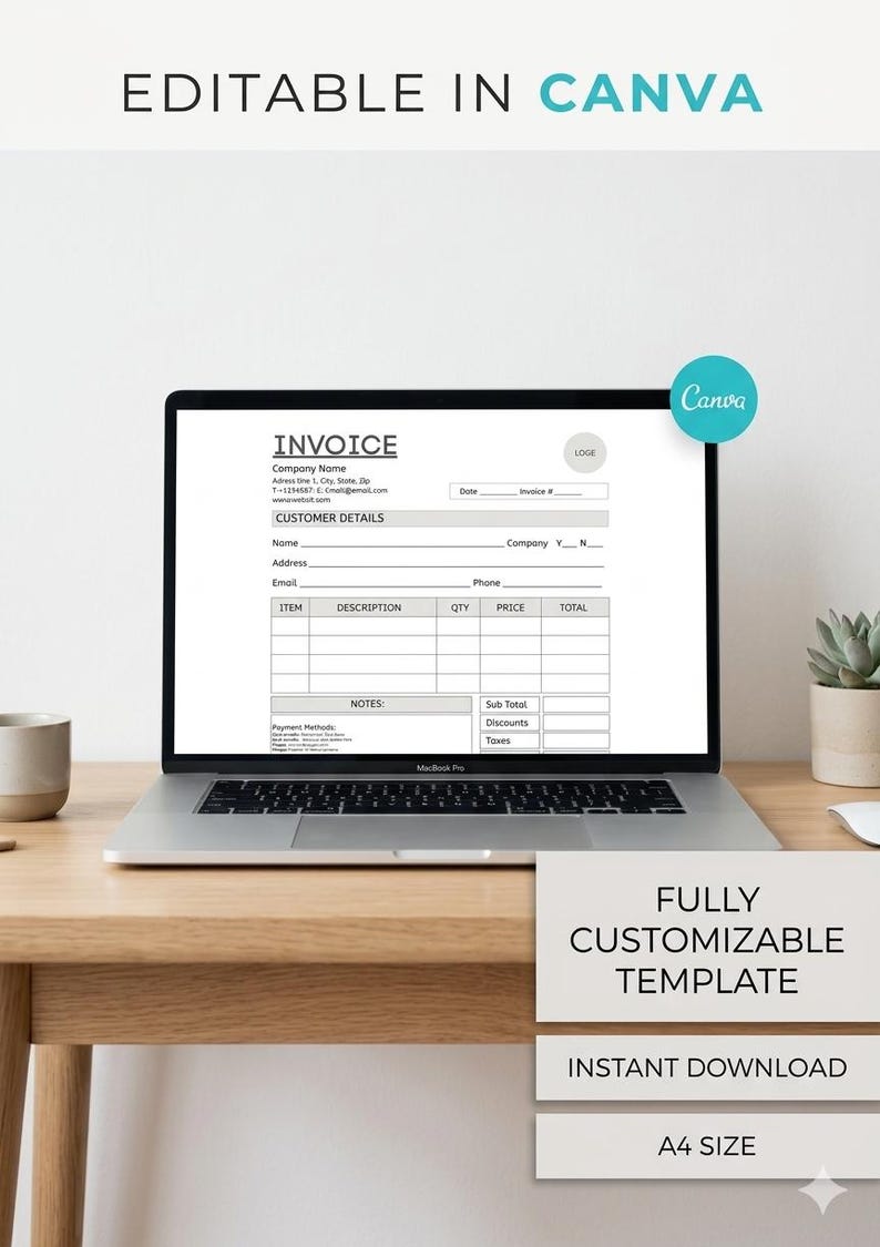 Editable Canva Invoice Template, Minimalist Small Business Billing Form ...