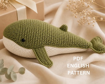 Green Whale Amigurumi Crochet Pattern PDF, Cute Whale Plush Toy, Ocean Animal Keychain, Beginner Friendly DIY Gift, Instant Download