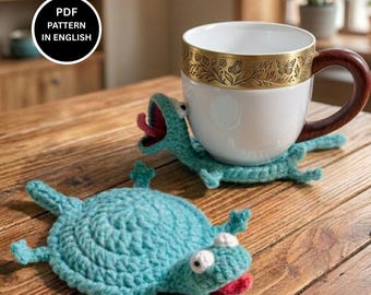 Pop-Up Crochet Lizard Coaster Pattern, Funny Gecko Mug Rug PDF, Amigurumi Cup Holder Tutorial for Beginners
