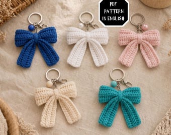 Patron de porte-clés noeud au crochet PDF, joli tutoriel de breloques de sac noeud, porte-clés au crochet adapté aux débutants, cadeau coquette DIY