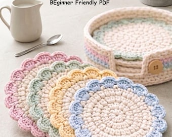 Scalloped Crochet Coaster Pattern PDF | Easy Flower Mug Rug with Holder | Beginner Crochet Tutorial