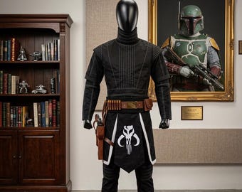 Disfraz de cosplay personalizado de Star Wars, inspirado en el libro de Boba Fett, color negro, con traje de vuelo de cazarrecompensas y cinturón de cuero marrón.