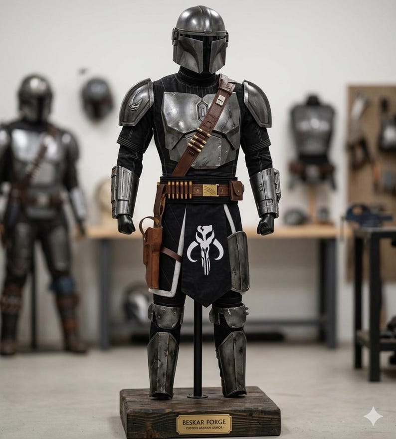 May include: A full Mandalorian armor suit, featuring a silver helmet, chest plate, and arm guards. The suit includes a black undersuit, brown belt with ammunition, and a holster. The armor is displayed on a wooden base with the text "BESKAR FORGE".