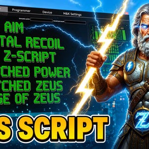 May include: A digital graphic featuring a bearded figure in metallic armour holding a glowing lightning bolt. Text on the left reads: DIVINE AIM, IMMORTAL RECOIL, GODLY Z-SCRIPT, UNMATCHED POWER, THMATCHED ZEUS, THE AGE OF ZEUS. The words ZEUS SCRIPT appear below.