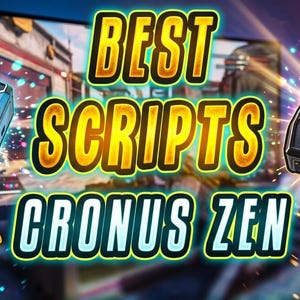 Puede incluir: Dos adaptadores de mando de juego Cronus Zen negros con pequeñas pantallas que muestran la palabra Zen y un icono de corazón. El texto BEST SCRIPTS CRONUS ZEN está centrado en letras grandes amarillas y blancas sobre un fondo de juego borroso.