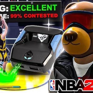 Op de afbeelding: Een afbeelding die NBA 2K26 promoot, toont een beerhoofdig personage met een bril en een jas. Een zwart en blauw apparaat met de tekst "Zen" staat in het midden. Een basketballer is in actie te zien, met de woorden "TIMING: EXCELLENT" en "COVERAGE: 99% CONTESTED".