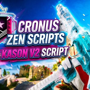 Op de afbeelding: Afbeelding van een futuristisch wapen met een transparant blauw ontwerp, vastgehouden door een persoon met witte handschoenen. De tekst "CRONUS ZEN SCRIPTS" en "KASON V2 SCRIPT" zijn prominent aanwezig. Een badge met een ster en kroon is ook zichtbaar.