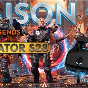 Pode incluir: Imagem promocional para Apex Legends Temporada 28, com personagens e um console de jogos. O texto "SAISON 28" e "PREDATOR S28" são proeminentes. O console é preto com uma tela exibindo um logotipo.