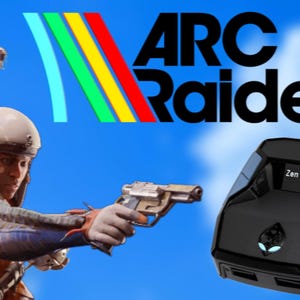 Puede incluir: La imagen presenta el logotipo "ARC Raiders" con un tema futurista. Una persona con casco apunta con una pistola, y otra lleva una visera. También hay un dispositivo negro con una pantalla que muestra un logotipo.