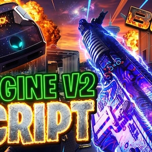 Puede incluir: Imagen de arte digital que presenta un arma futurista con detalles azules y morados, y el texto "ORIGINE V2 SCRIPT". Un dispositivo negro con la palabra "SHOCK" está en la esquina superior izquierda. El fondo muestra una explosión.